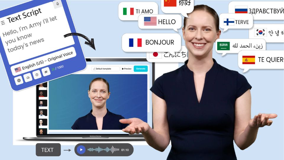 AI Studios' AI Avatar Amy saying hello in different languages and converting text to speech.