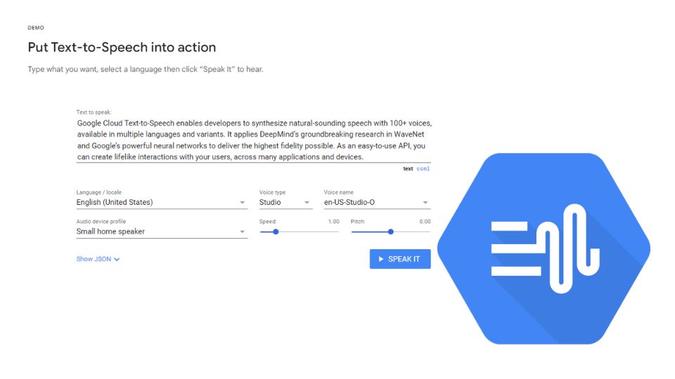 Google's Text-to-Speech demo featuring their blue hexagon logo.