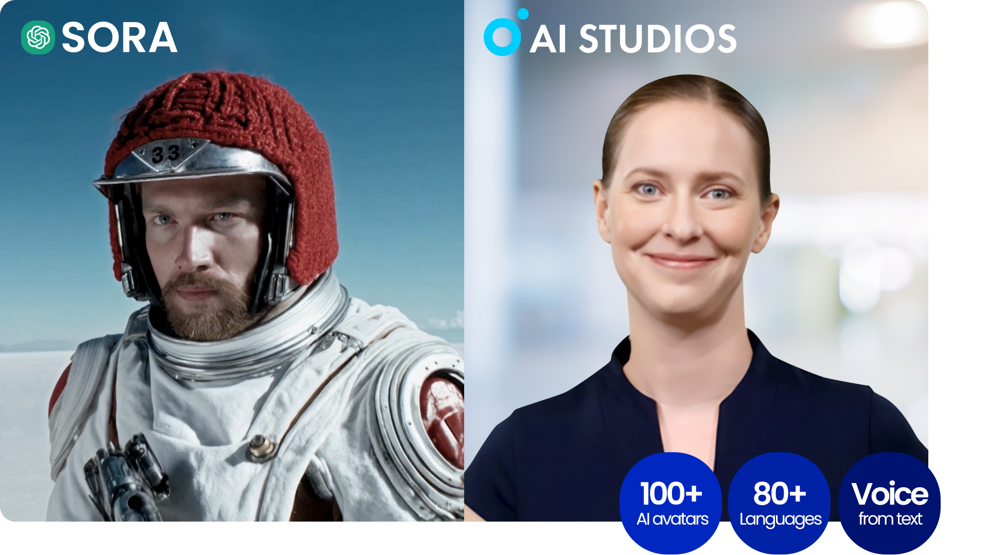 A still from a video by Sora Open AI featuring a snowboarder and AI Studios' AI Avatar Amy.