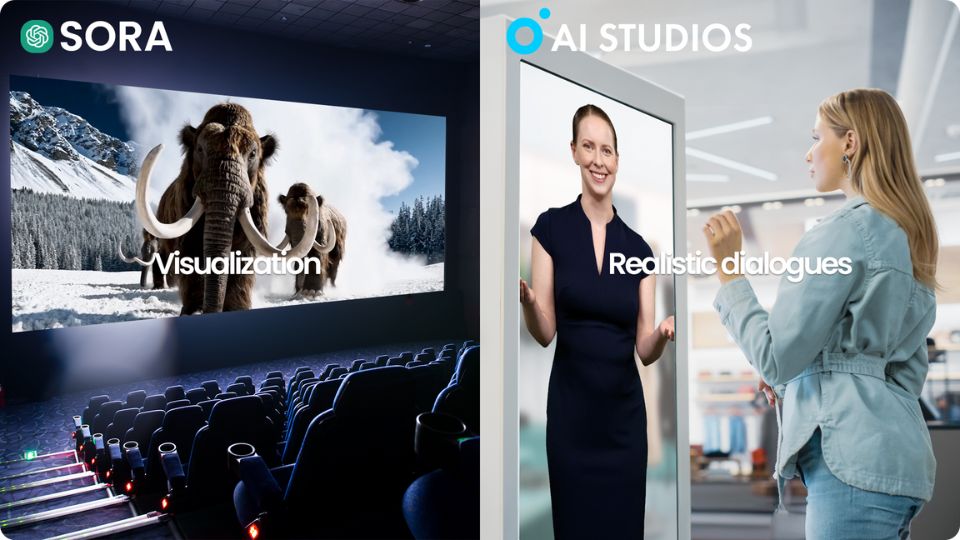 A still from Sora's video featuring mammoths in the snow and DeepBrain AI's AI Human kiosk helping a woman.