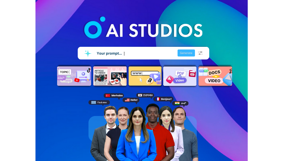 AI Studios by DeepBrain AI's text to video search bar with automation features and diverse AI Avatars.