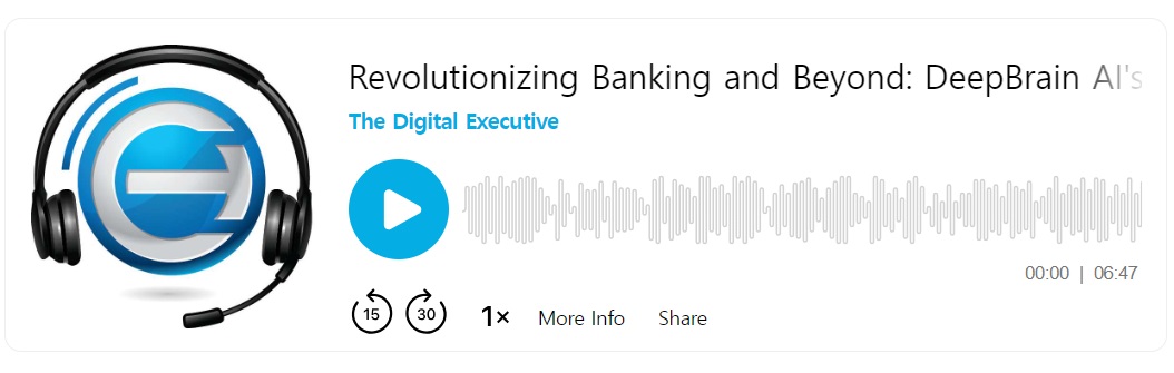 A pair of blue headphones with a play button superimposed over them. The text "Revolutionizing Banking and Beyond: DeepBrain AI's The Digital Executive" is displayed in white font below the headphones.