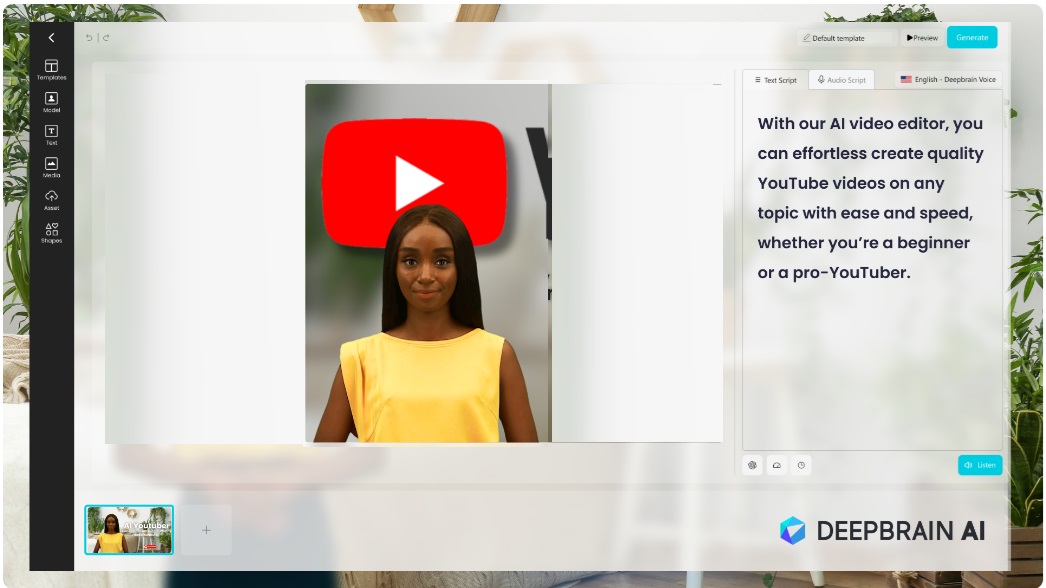 DeepBrain AI logo and text promoting their AI video editor for creating YouTube videos. The text emphasizes the ease of use for both beginners and professionals.