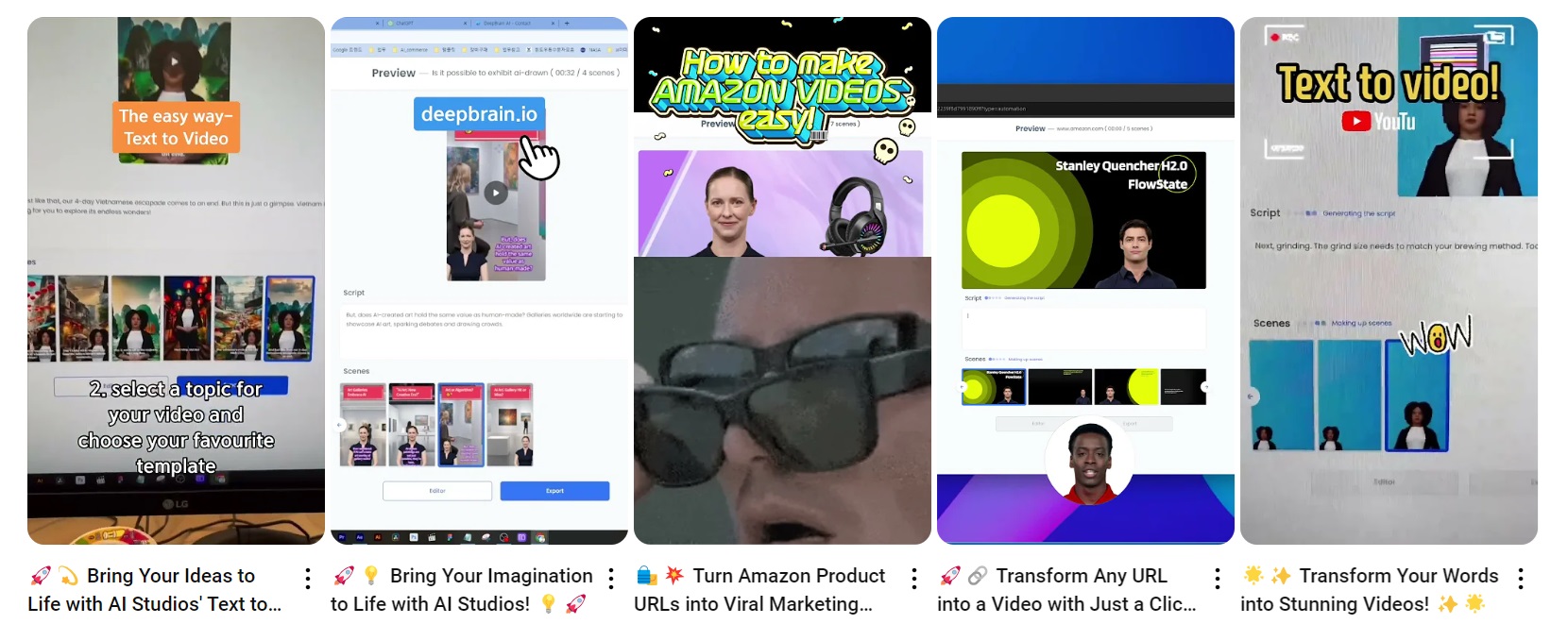A promotional image for DeepBrain AI, showcasing their AI-powered text-to-video platform. The image highlights features like customizable templates and the ability to create videos from text, Amazon product URLs, and more.