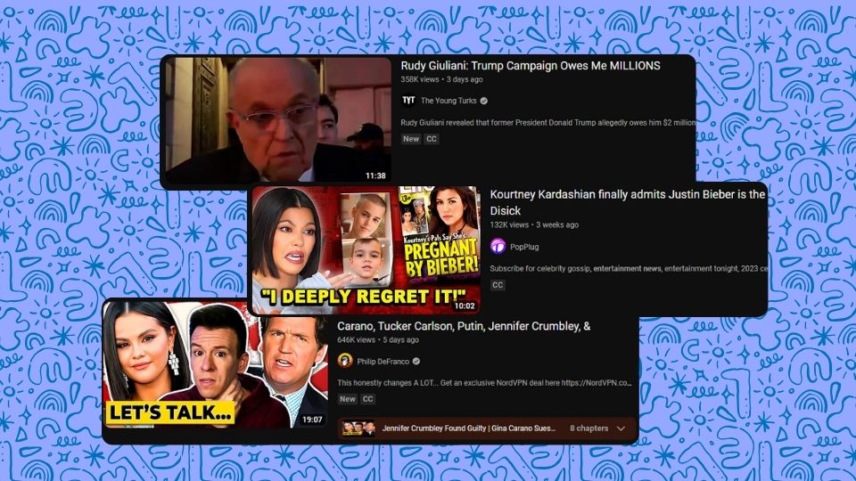 Thumbnails from News YouTube videos and Shorts like The Young Turks, PopPlug, and Philip DeFranco.