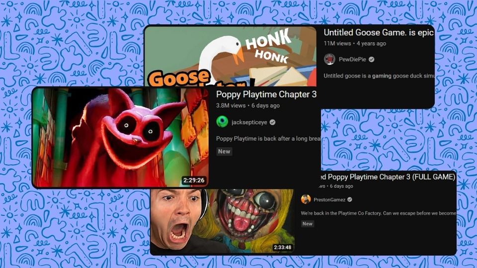 Thumbnails from gaming YouTube videos like Pewdiepie and jackscepticeye.