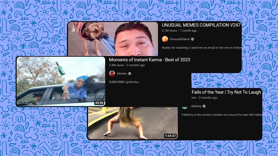 Thumbnails from compilation YouTube videos like UnusualVideos, Akimbo, and FailArmy.