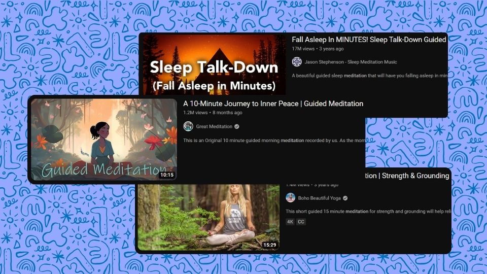 Thumbnails from meditation YouTube videos like Jason Stephenson, Great Meditation, and Boho Beautiful Yoga.
