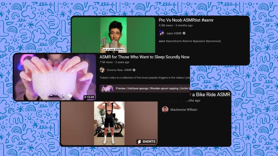 Thumbnails from ASMR YouTube videos and Shorts like Jojo's ASMR, Coromo Sara. ASMR, and Mackenzie William.