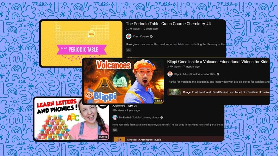 Thumbnails from meditation YouTube videos like CrashCourse, Bippi, and Ms. Rachel.