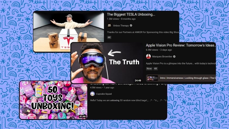 Thumbnails from product reviews and unboxing YouTube videos like Unbox Therapy, Marques Brownlee, and Cupcake Squad.