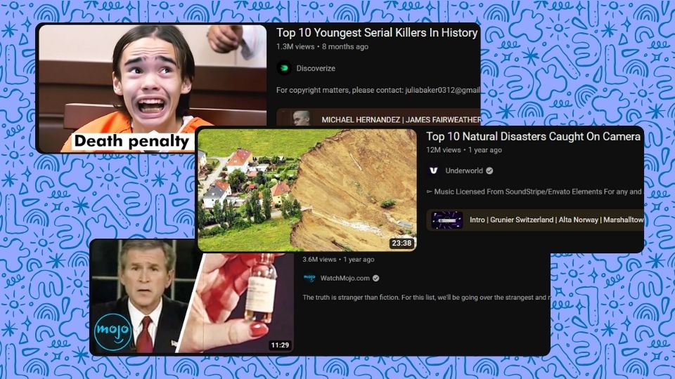Thumbnails from top 10 YouTube videos like Disoverize, Underworld, and WatchMojo.