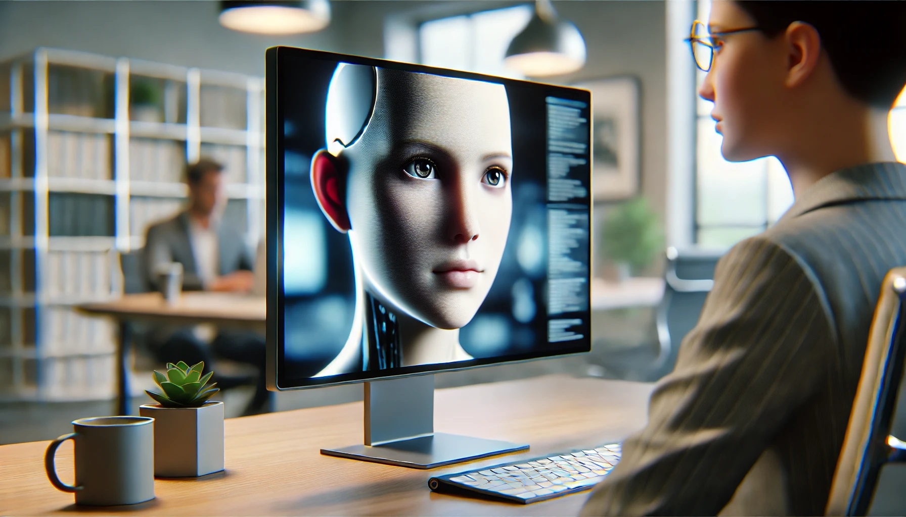 A human is looking at an AI-generated human on the screen.