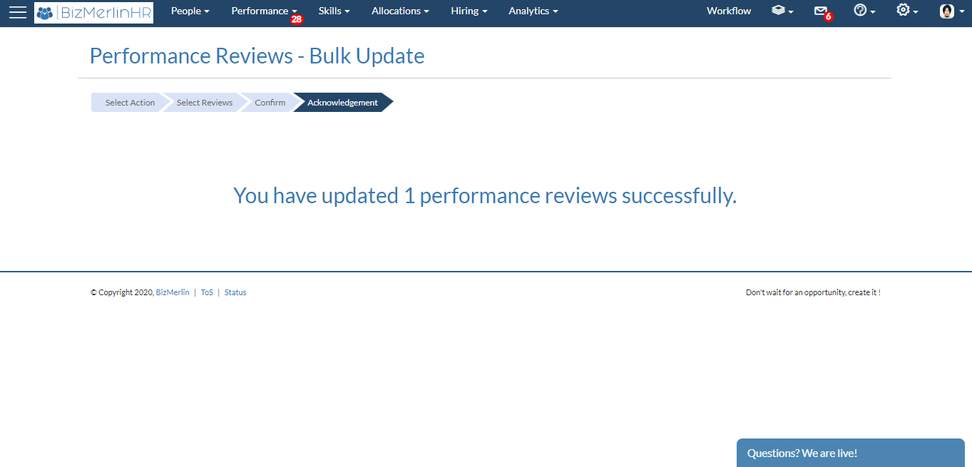 Bulk update acknowledgement