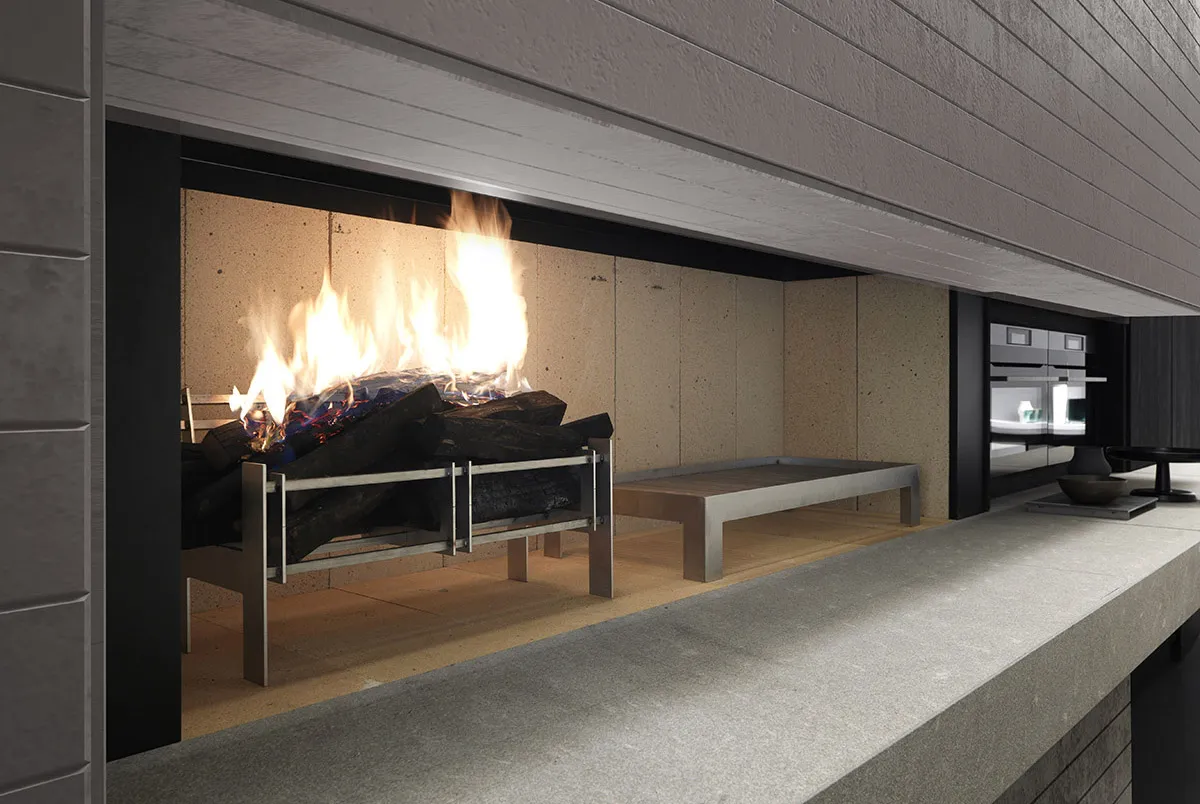 Cuisine design sur-mesure en céramique et bois foncé avec ilot central et cheminée intégrée