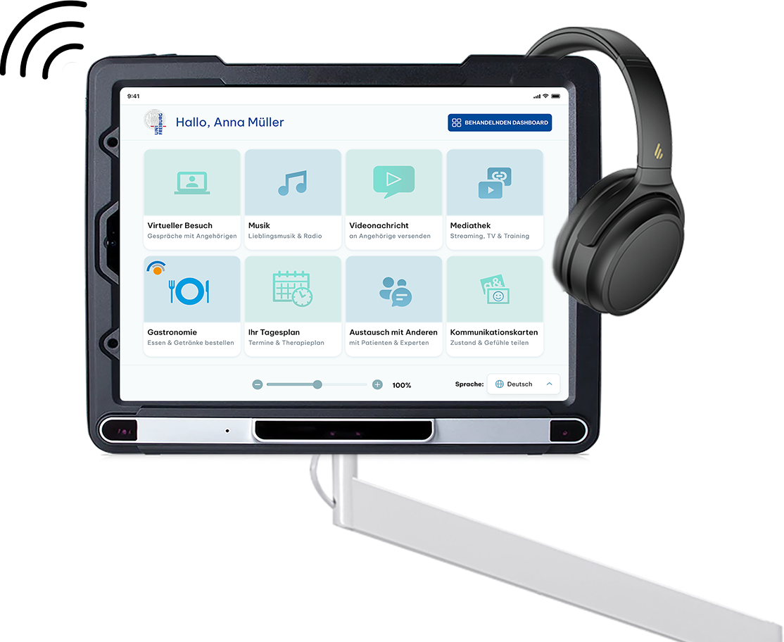 Tablet mounted on an adjustable arm displaying a user interface in German with options for virtual visits, music, video messages, media library, gastronomy, daily schedule, patient communication, and communication cards, accompanied by black wireless headphones.