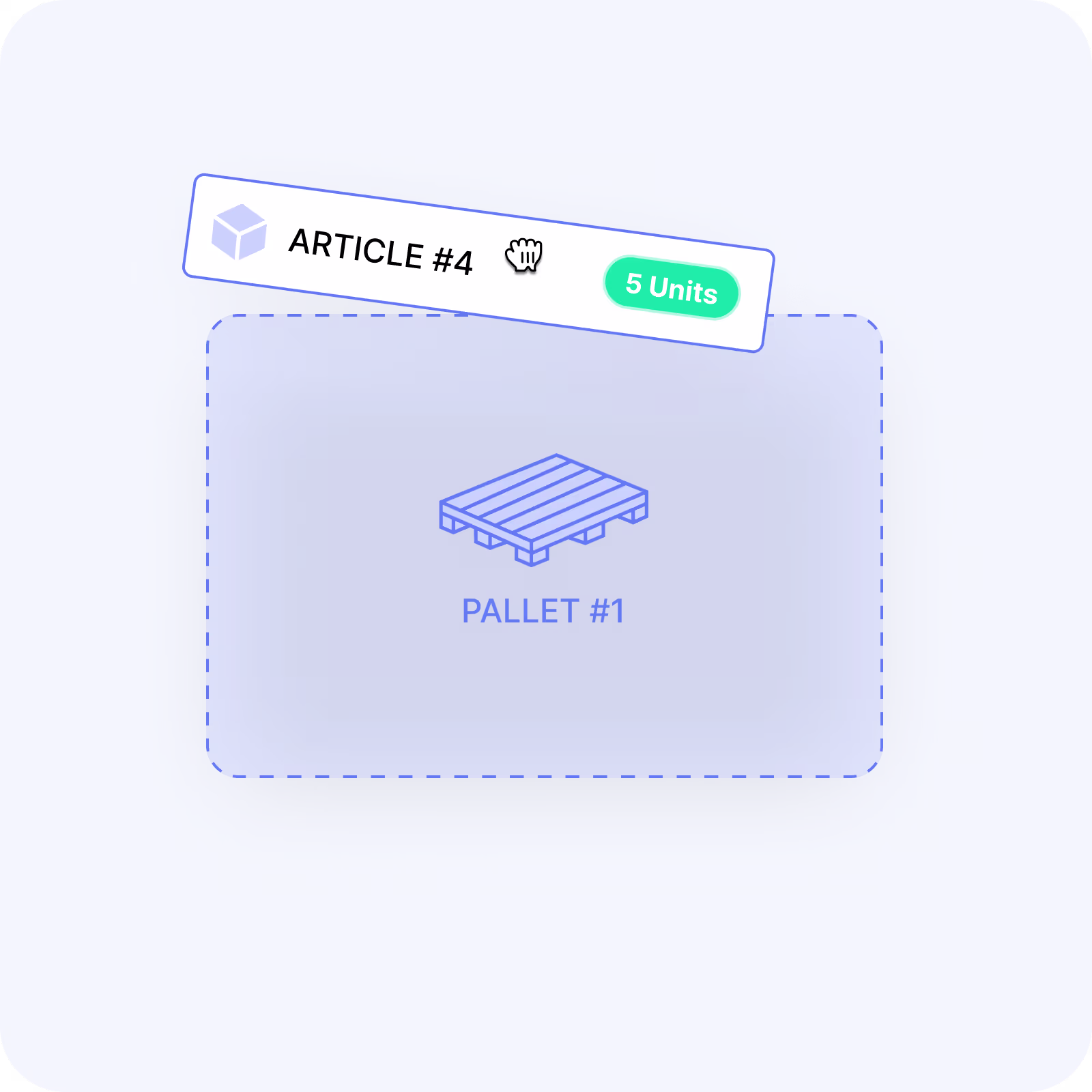 Drag-and-drop packing list builder showing an article being assigned to a pallet