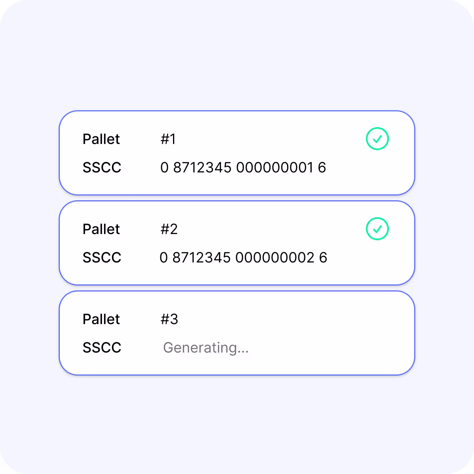 A unique SSCC number generated automatically for each pallet in the shipment