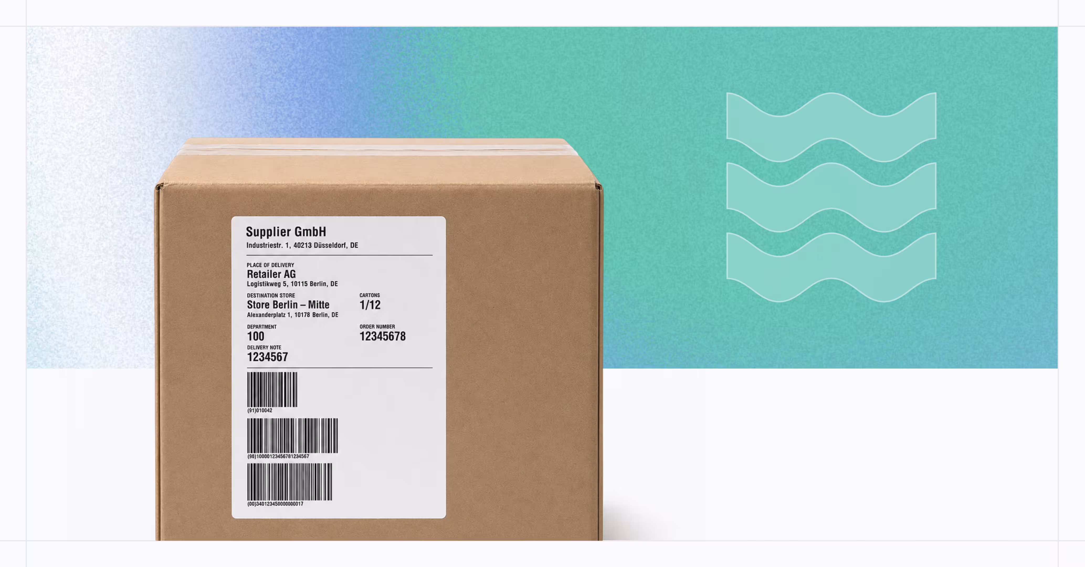 Cardboard carton with a printed SSCC shipping label showing sender, delivery address and barcodes