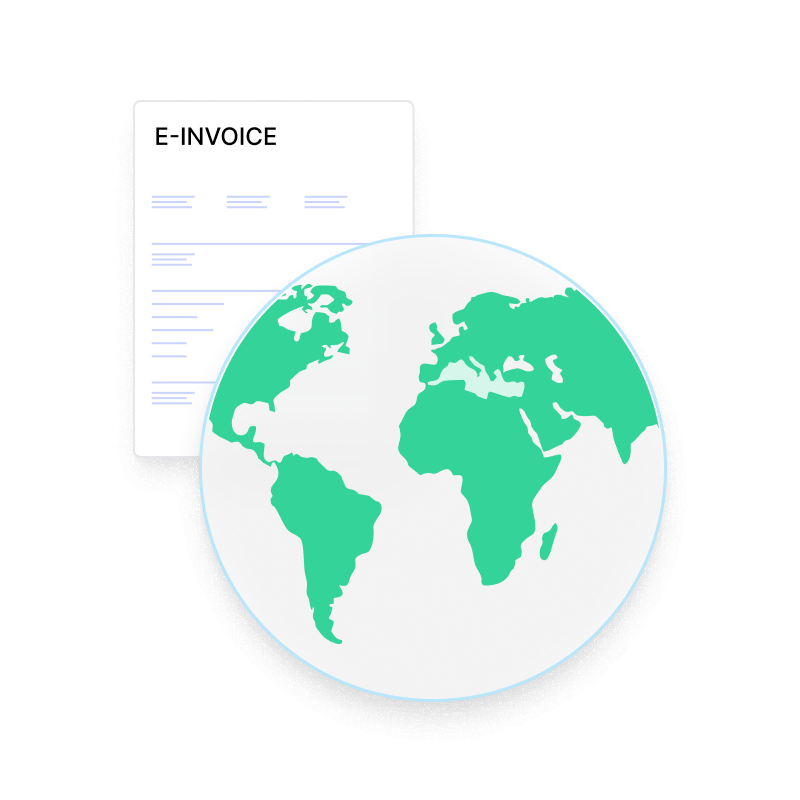 An e-invoice document behind a globe, representing worldwide format and regulation coverage