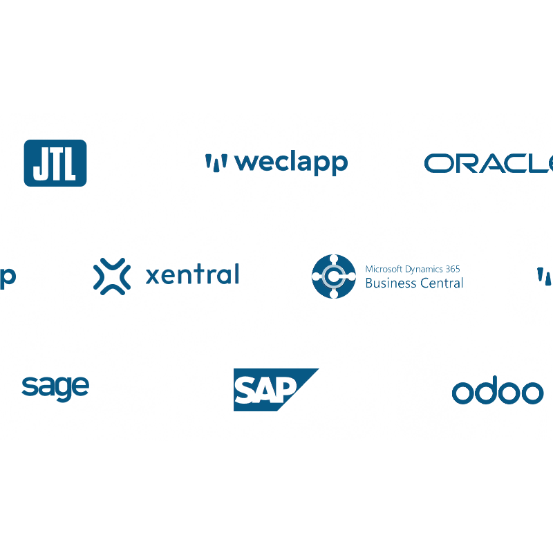 A grid of ERP system logos including SAP, Oracle, Sage, odoo, xentral, weclapp, JTL and Microsoft Dynamics 365 Business Central