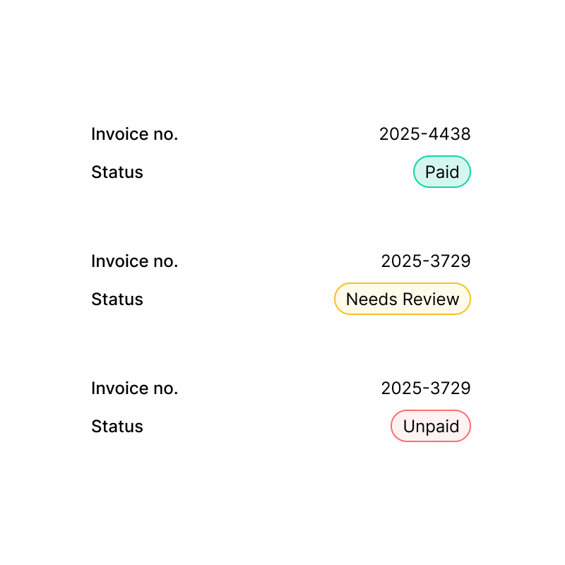 A list of invoices with Paid, Needs Review and Unpaid status badges