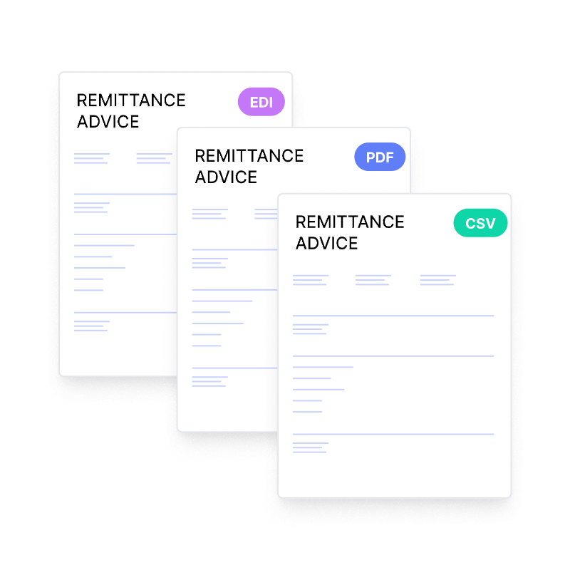 Three remittance advice documents tagged EDI, PDF and CSV, fanned out
