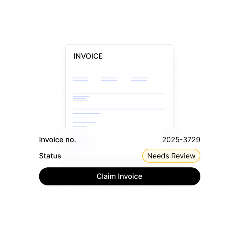 An invoice flagged as needing review, with a claim invoice action ready