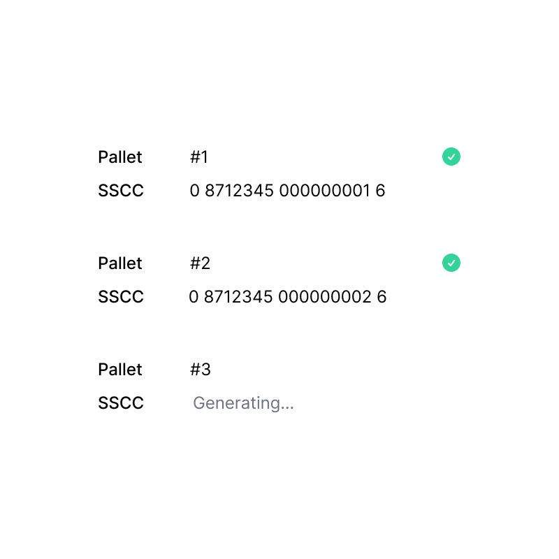 A list of pallets with unique SSCC numbers generated automatically, one still generating