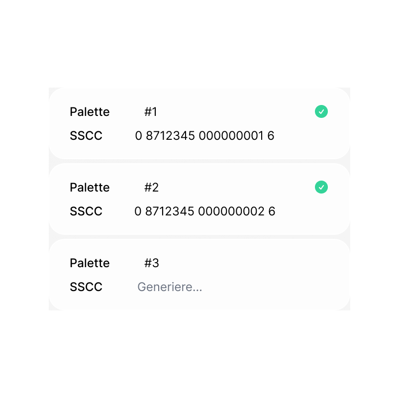 Eine Palettenliste mit automatisch erzeugten SSCC-Nummern, eine wird noch generiert