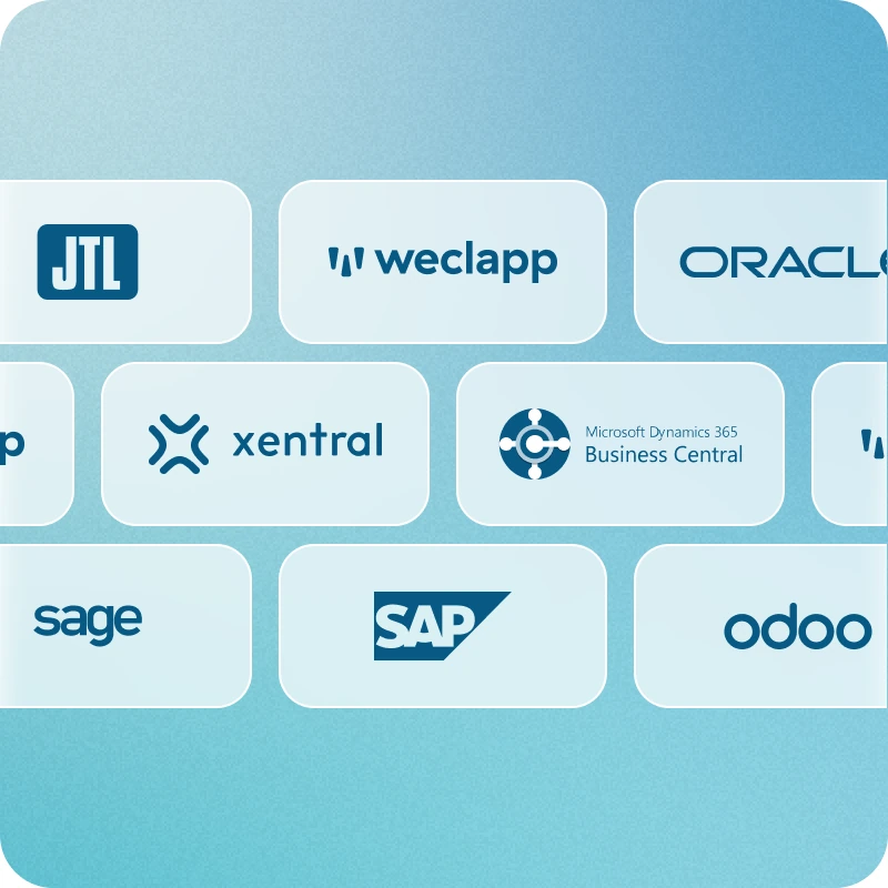 A grid of ERP system logos including SAP, Oracle, Sage and Business Central