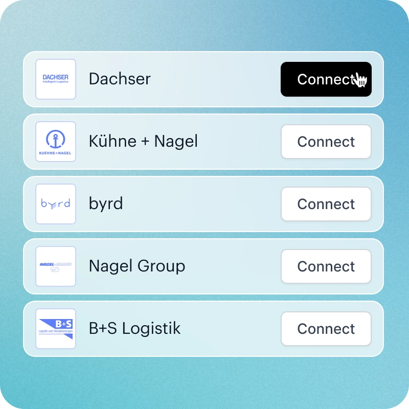 A list of logistics providers with Connect buttons, Dachser being connected