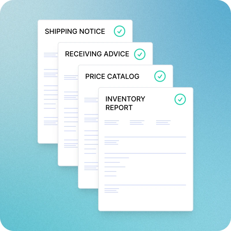 A stack of document types — shipping notice, receiving advice, price catalog and inventory report — each checked off