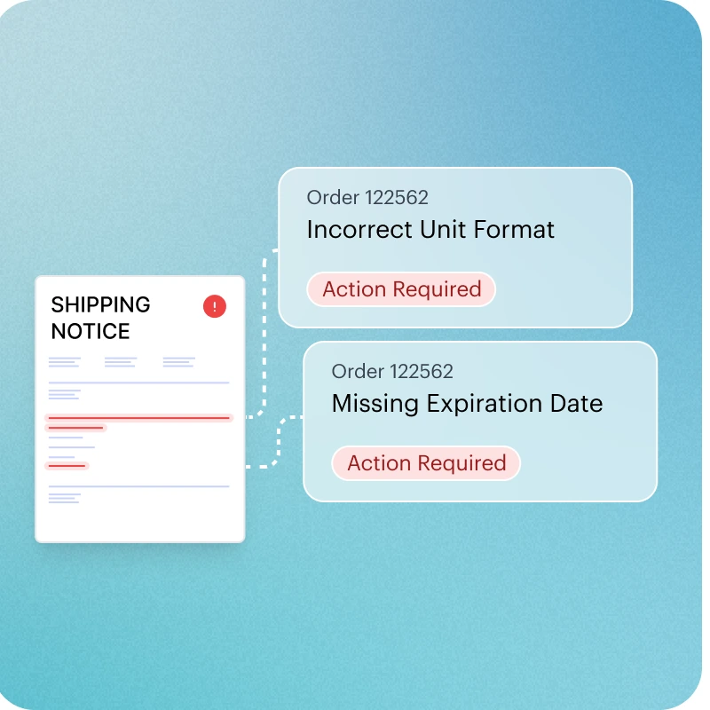 A shipping notice flagged with two issues, incorrect unit format and missing expiration date, both marked action required
