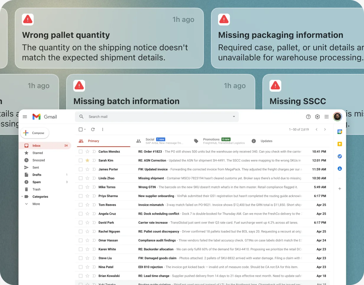 Hinweise zu falscher Palettenmenge sowie fehlenden Verpackungs-, Chargen- und SSCC-Informationen über einem Posteingang voller Lieferanten-E-Mails