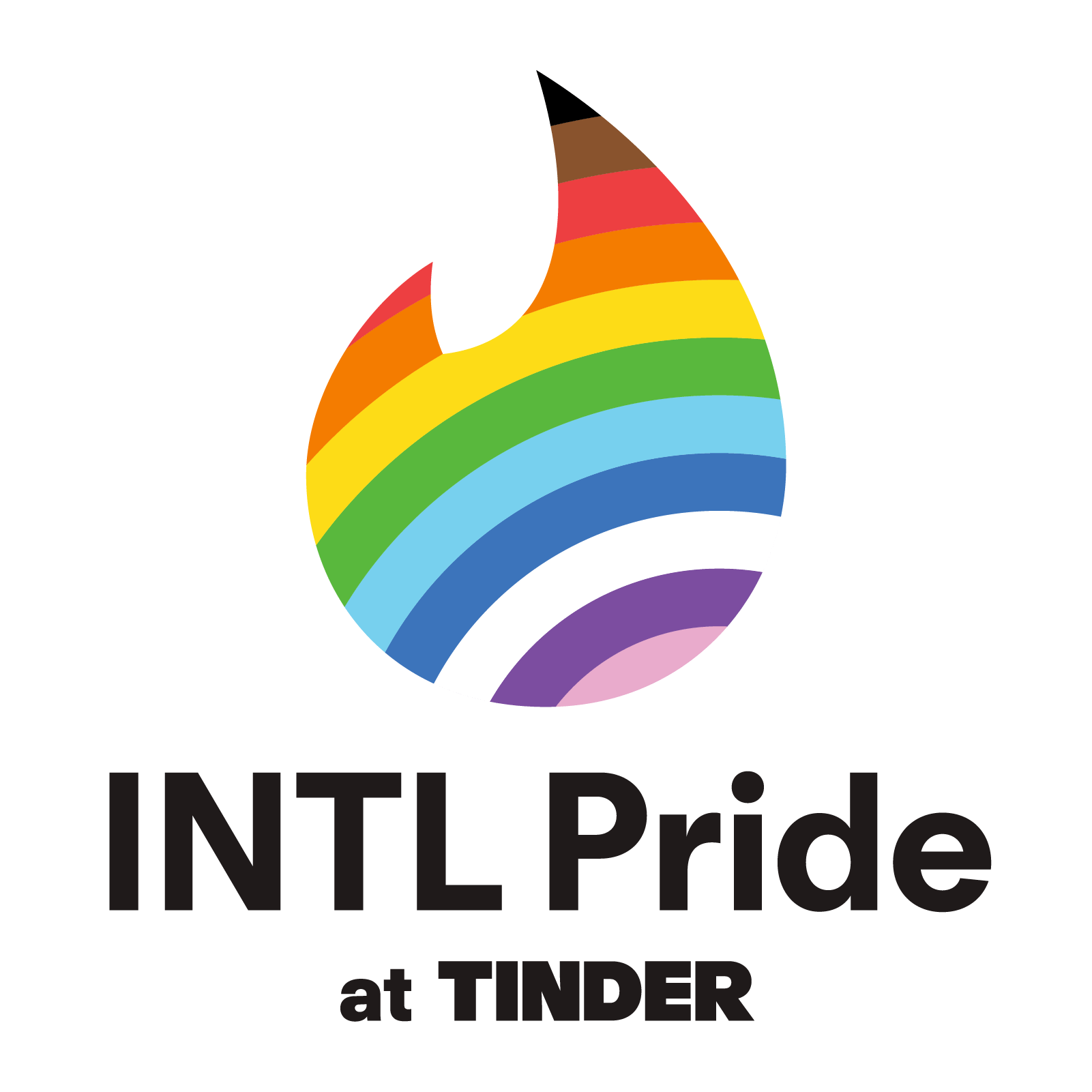 INTL Pride at Tinder logo featuring a rainbow-striped flame above the words “INTL Pride at TINDER.”