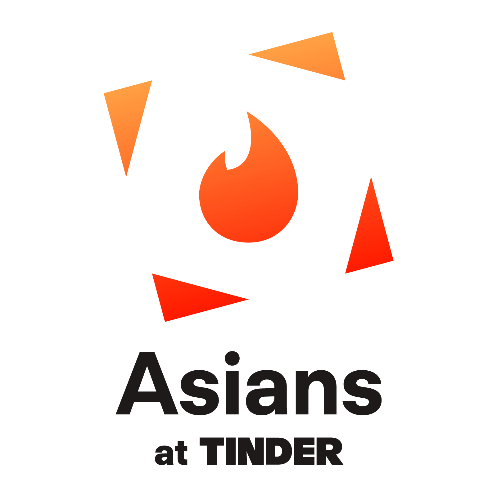 “‘Asians at TINDER’ text beneath a colorful flame logo and four geometric shapes on a black background.”