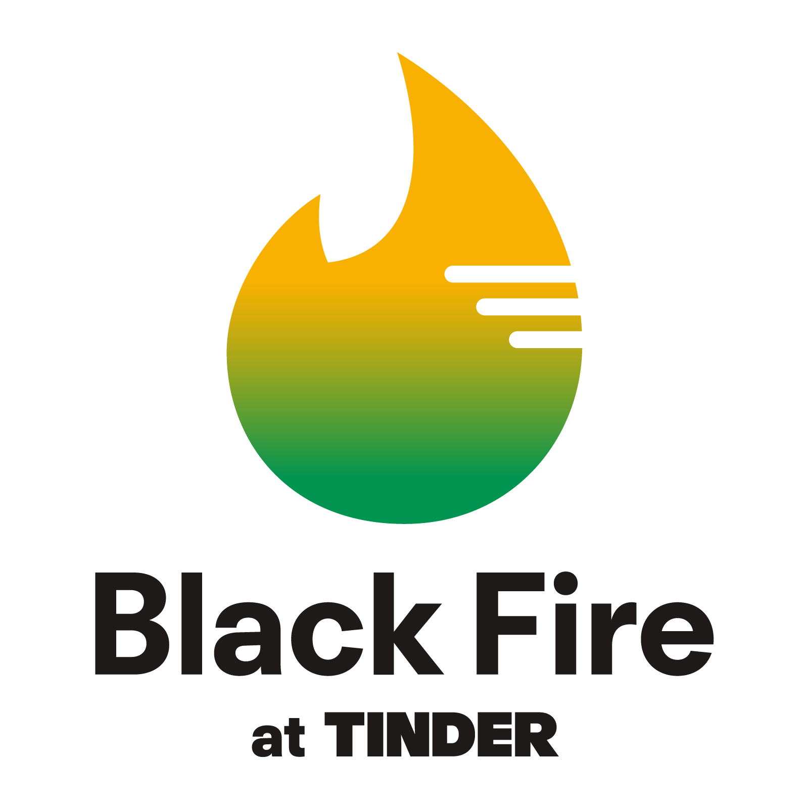 Black Fire at Tinder logo featuring a yellow-to-green flame with horizontal black stripes.