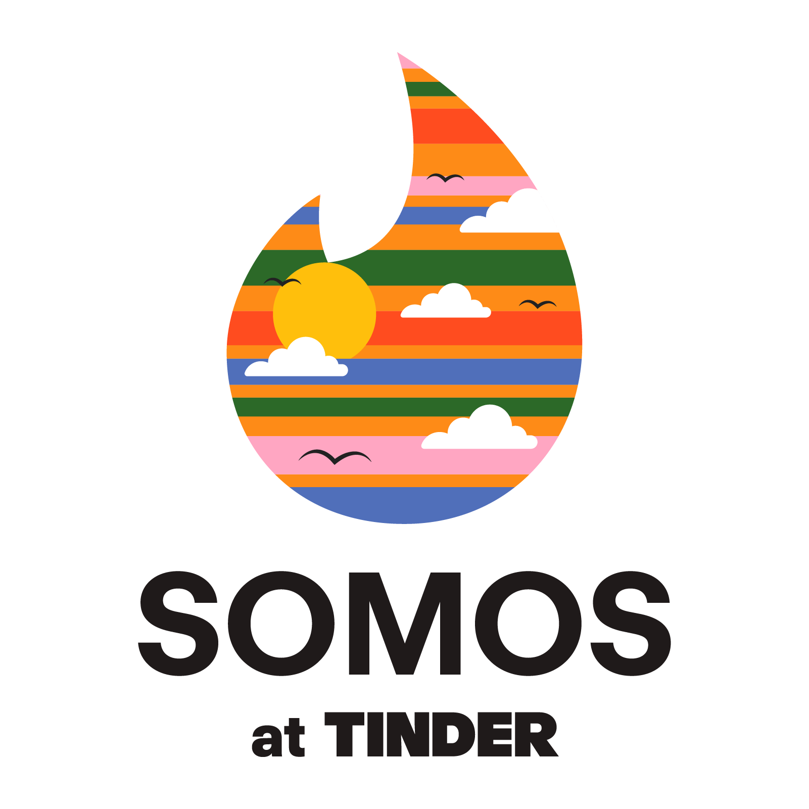 Colorful striped droplet logo with sun, clouds, and birds above the words “SOMOS at TINDER.”