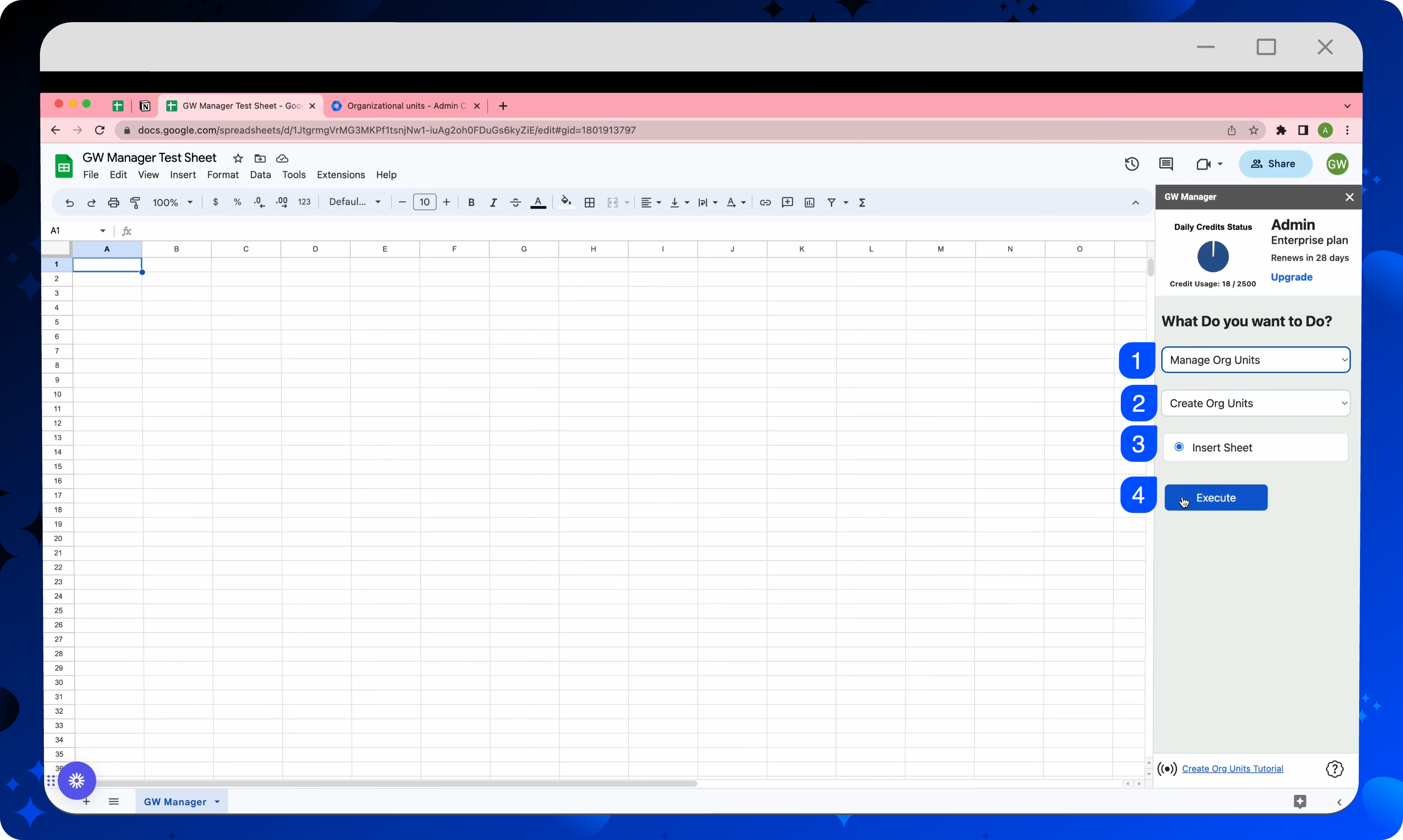 GW Manager sidebar showing Manage Org Units, Create Org Units, and the task-sheet insertion controls.