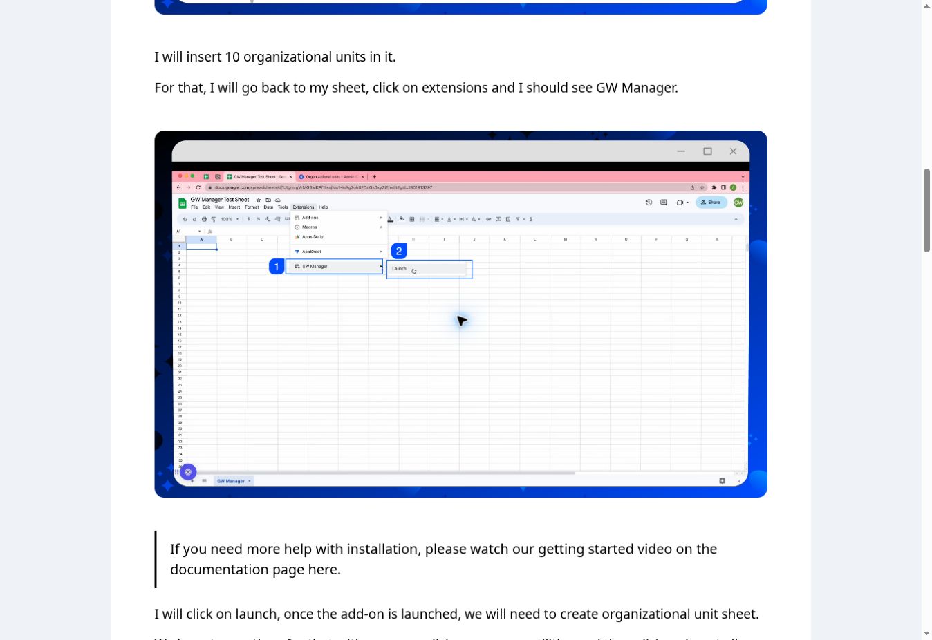 GW Manager tutorial page showing written instructions and a product screenshot with blue rectangles and numbered click guidance.