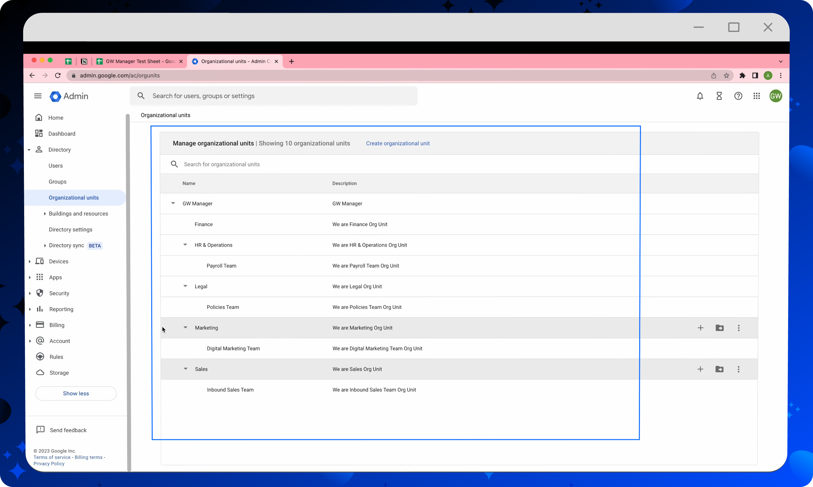 Google Admin console showing the OU hierarchy created in the GW Manager documentation example.