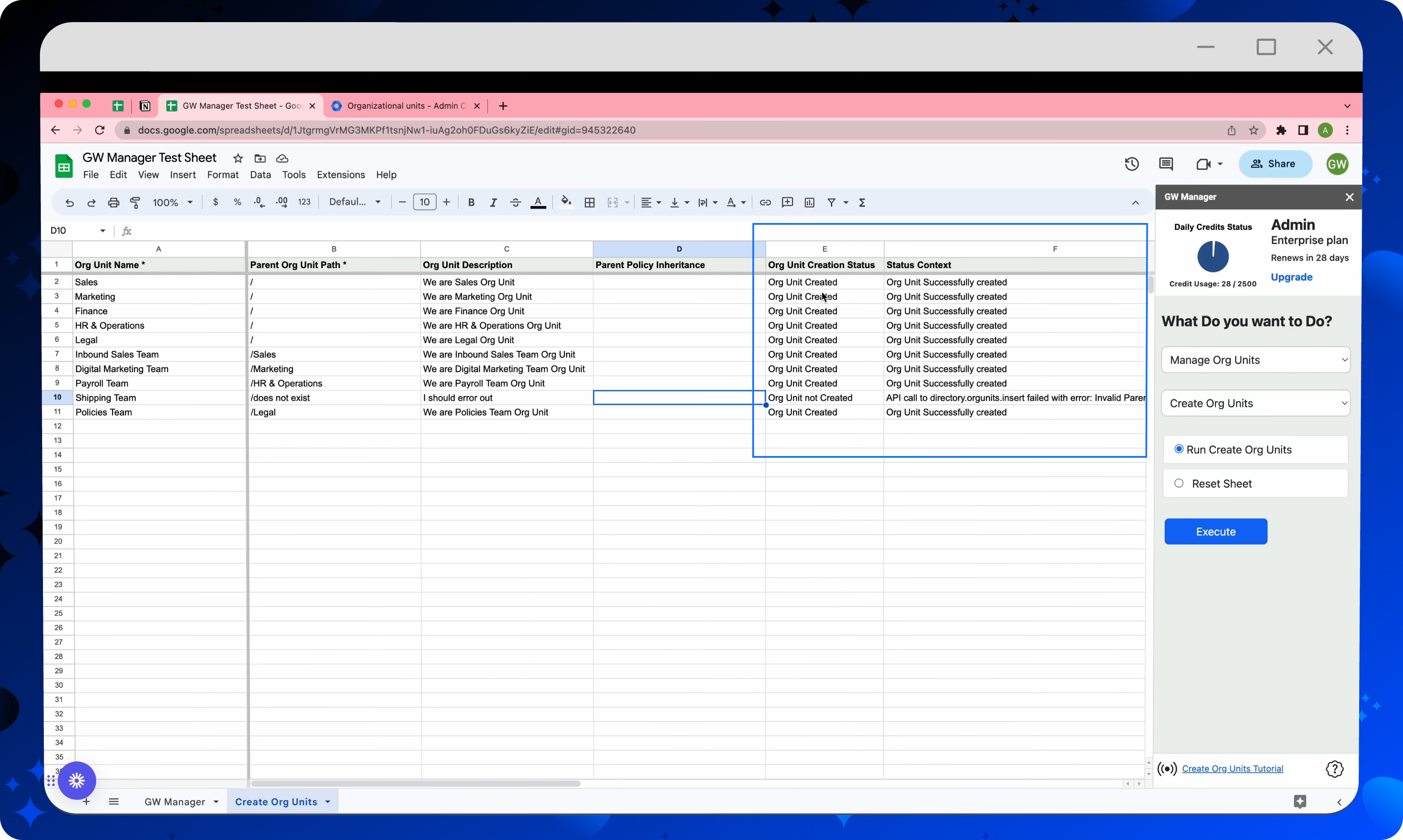 GW Manager results showing nine successful OU creations and one invalid-parent error.