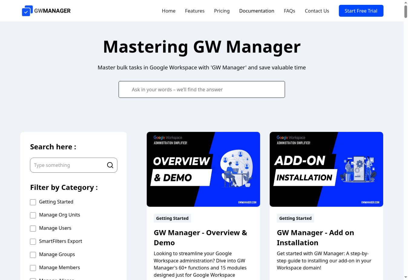 GW Manager documentation library with task search, category filters, and illustrated tutorial cards.