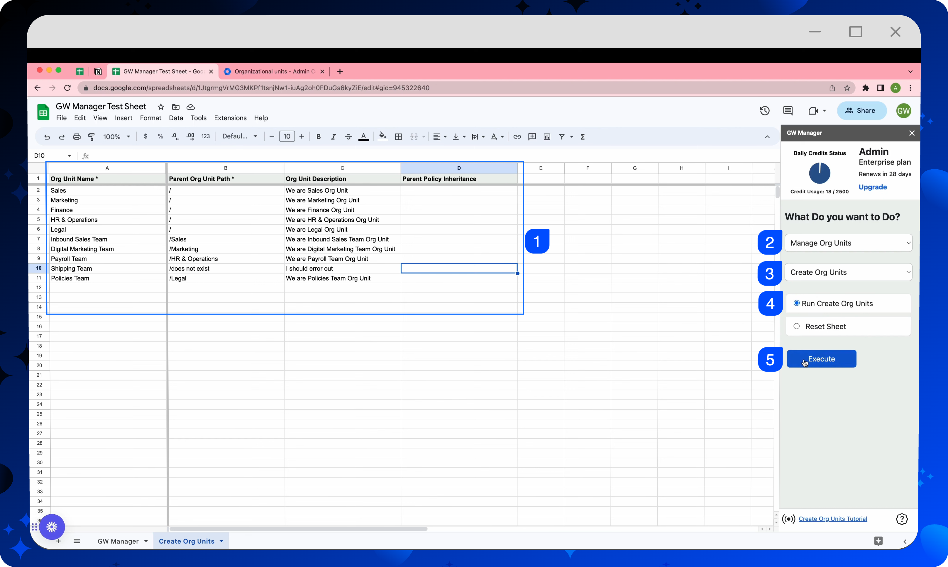 Ten organizational-unit requests prepared in Google Sheets with GW Manager execution controls visible.