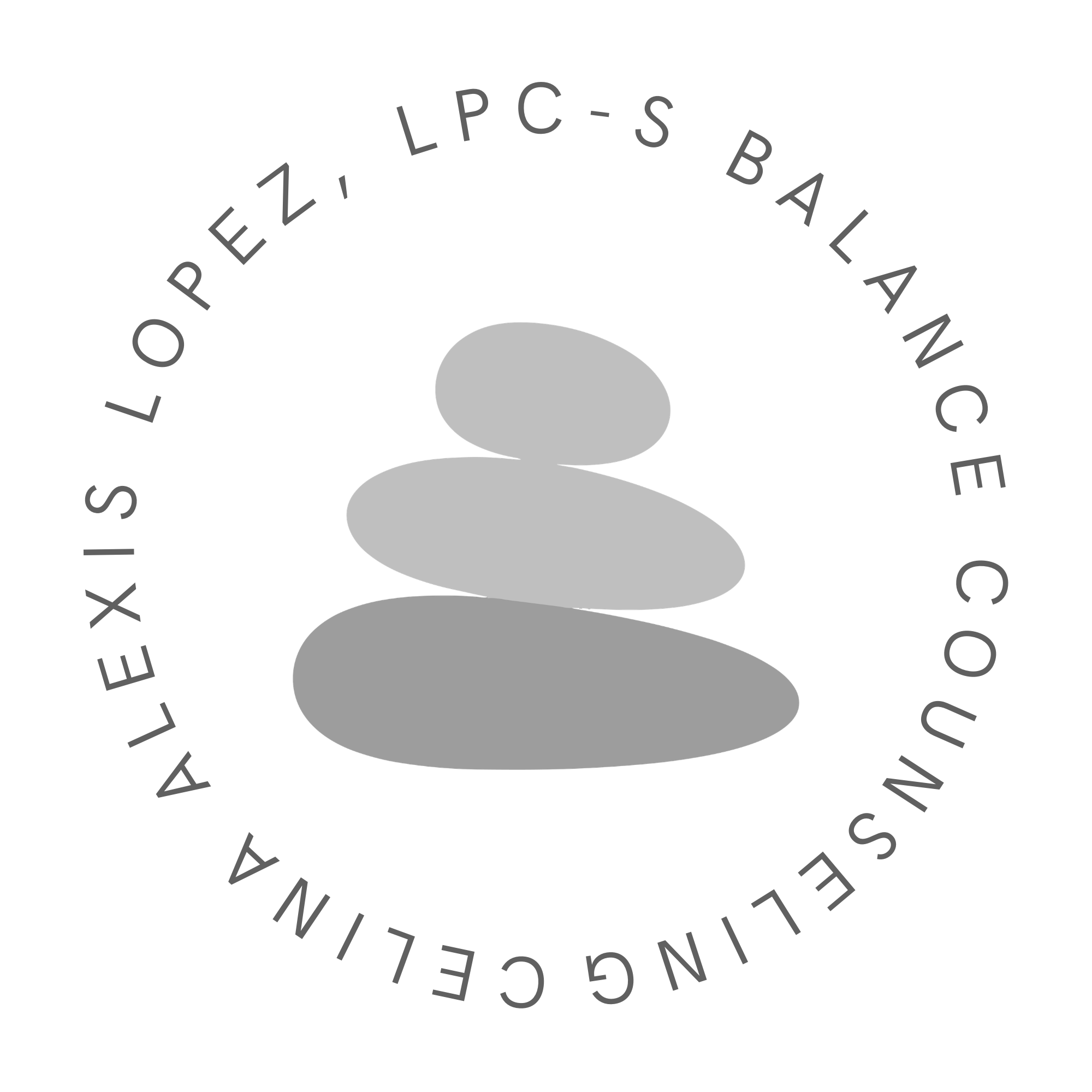 Logo with three stacked stones in different shades of gray surrounded by text reading 'Celina Alexis Lopez, LPC-S Balance Counseling .