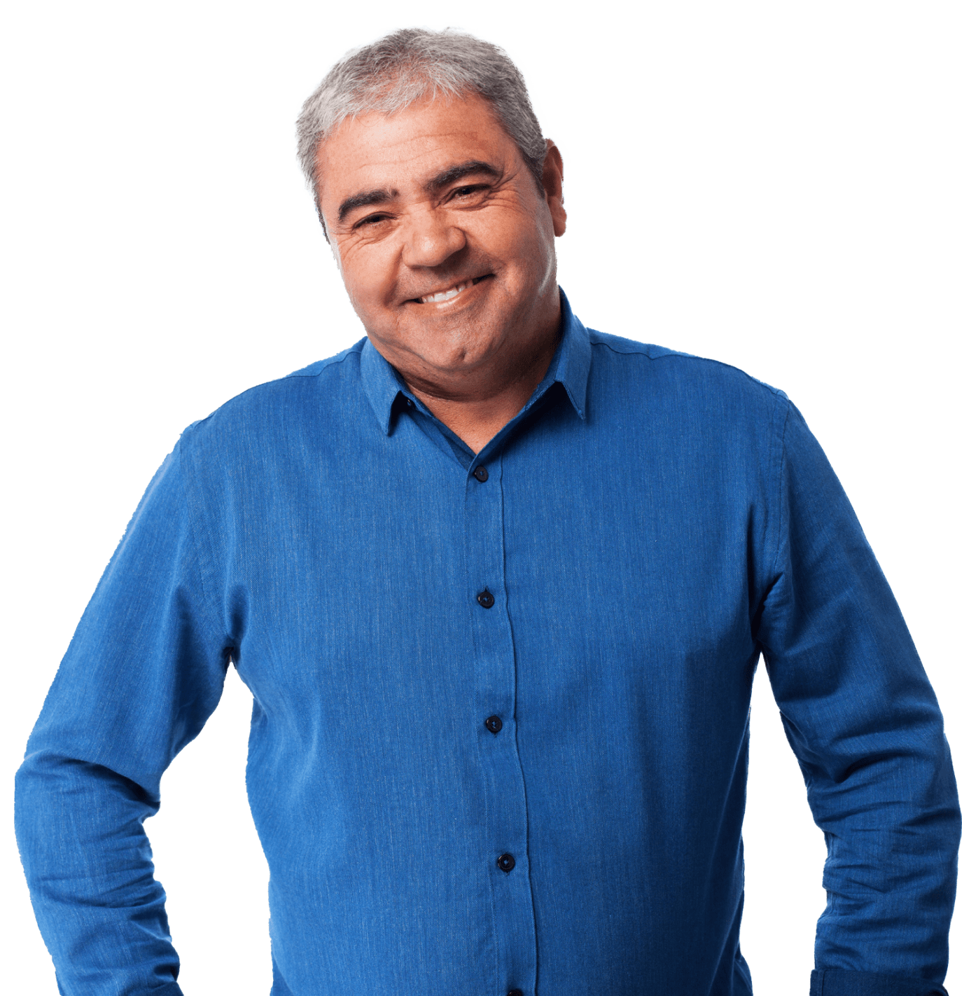 a man in a blue shirt