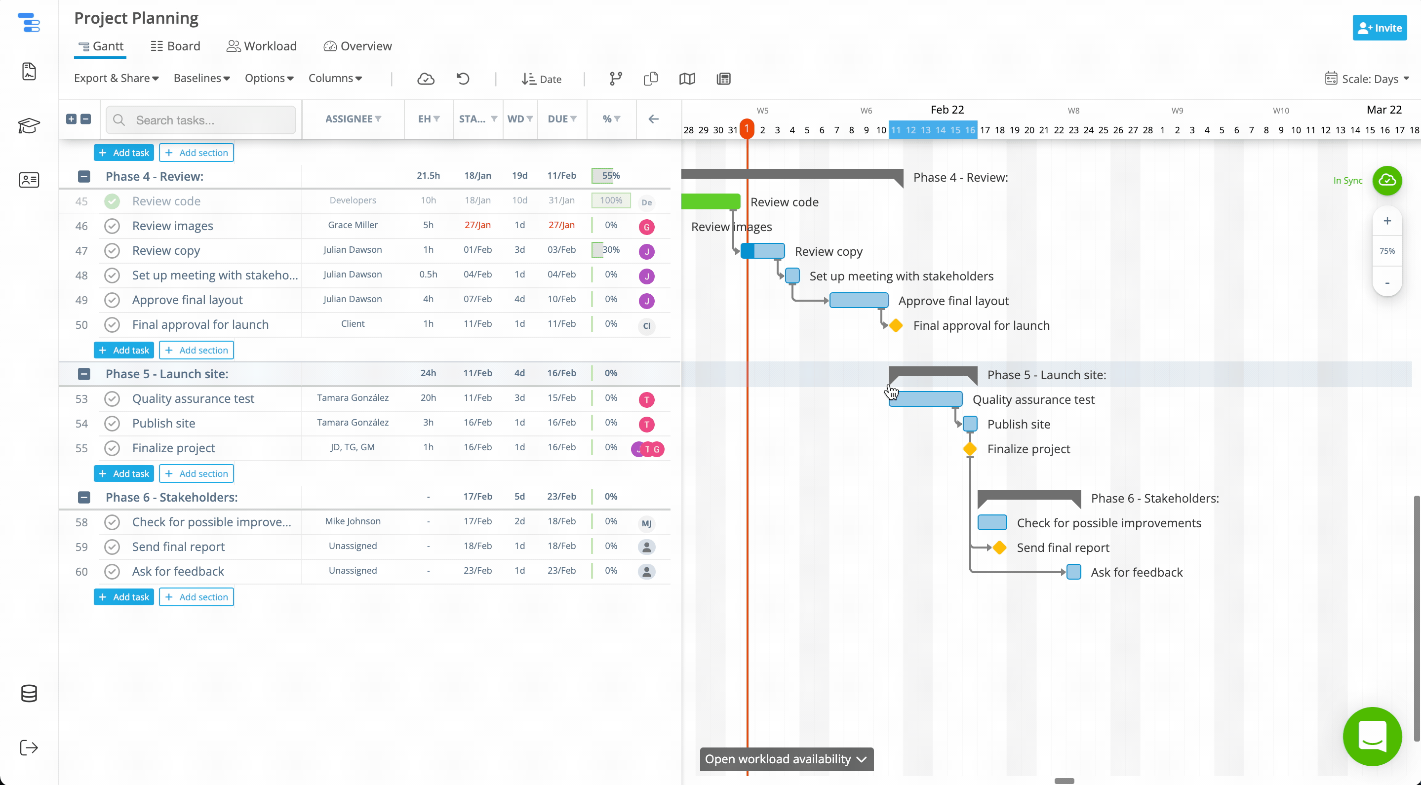 GIF showing how to access Custom Working Days in Instagantt: opening the Options menu at the top of the project, selecting Working Days, and choosing the days of the week to update the project schedule.