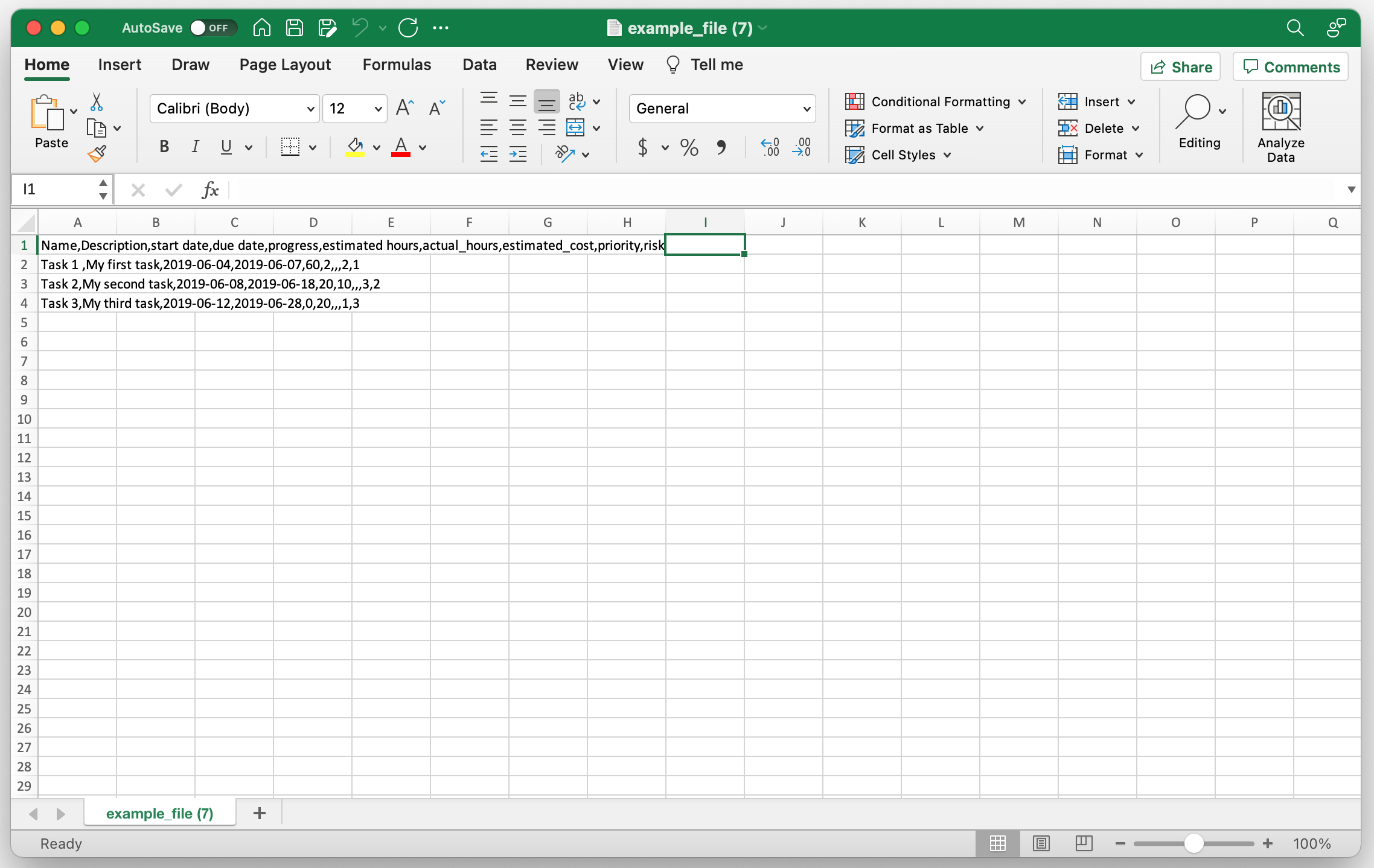 Instagantt CSV import template displayed in Microsoft Excel for Gantt chart creation.