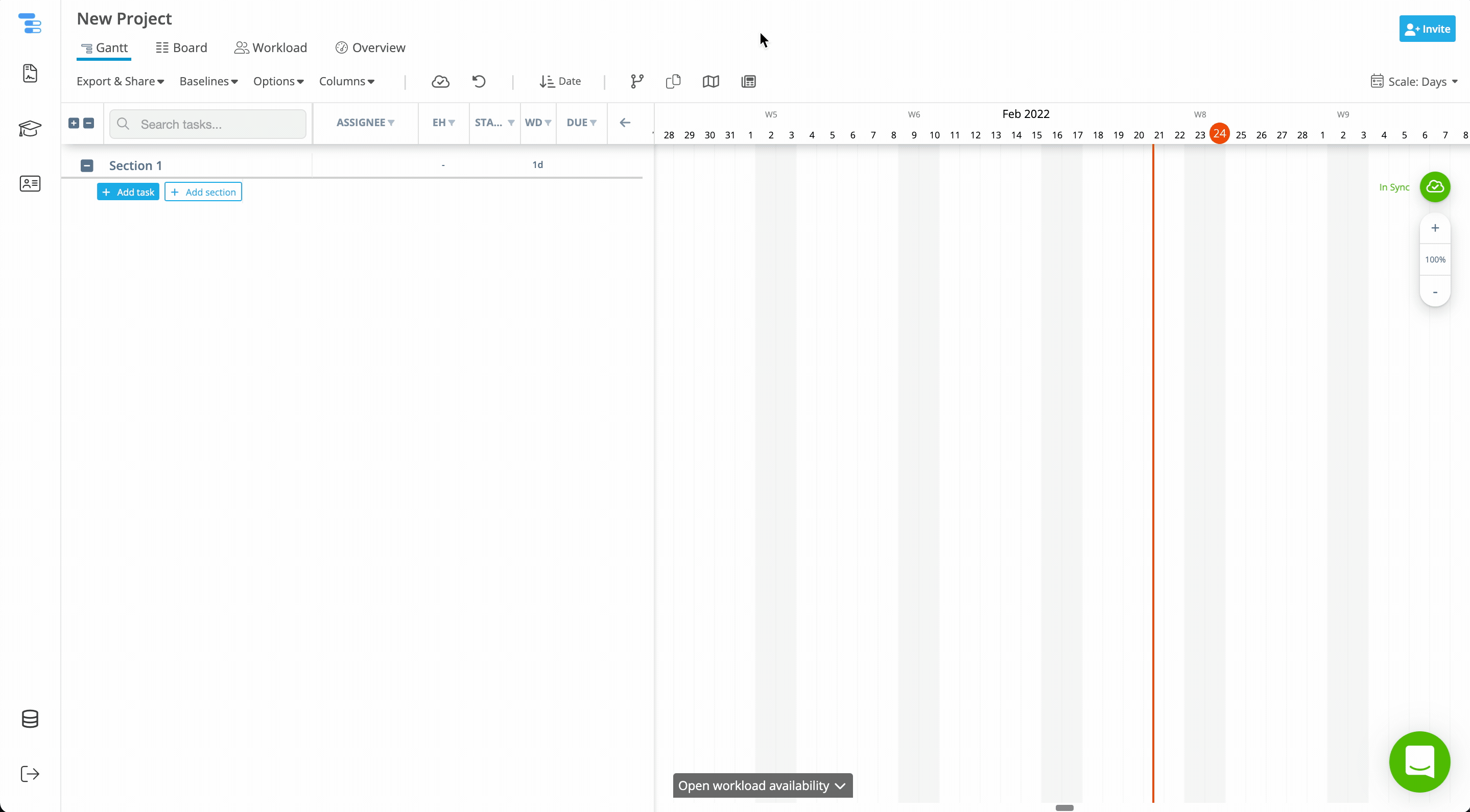 Creating a new project section and editing the name in Instagantt